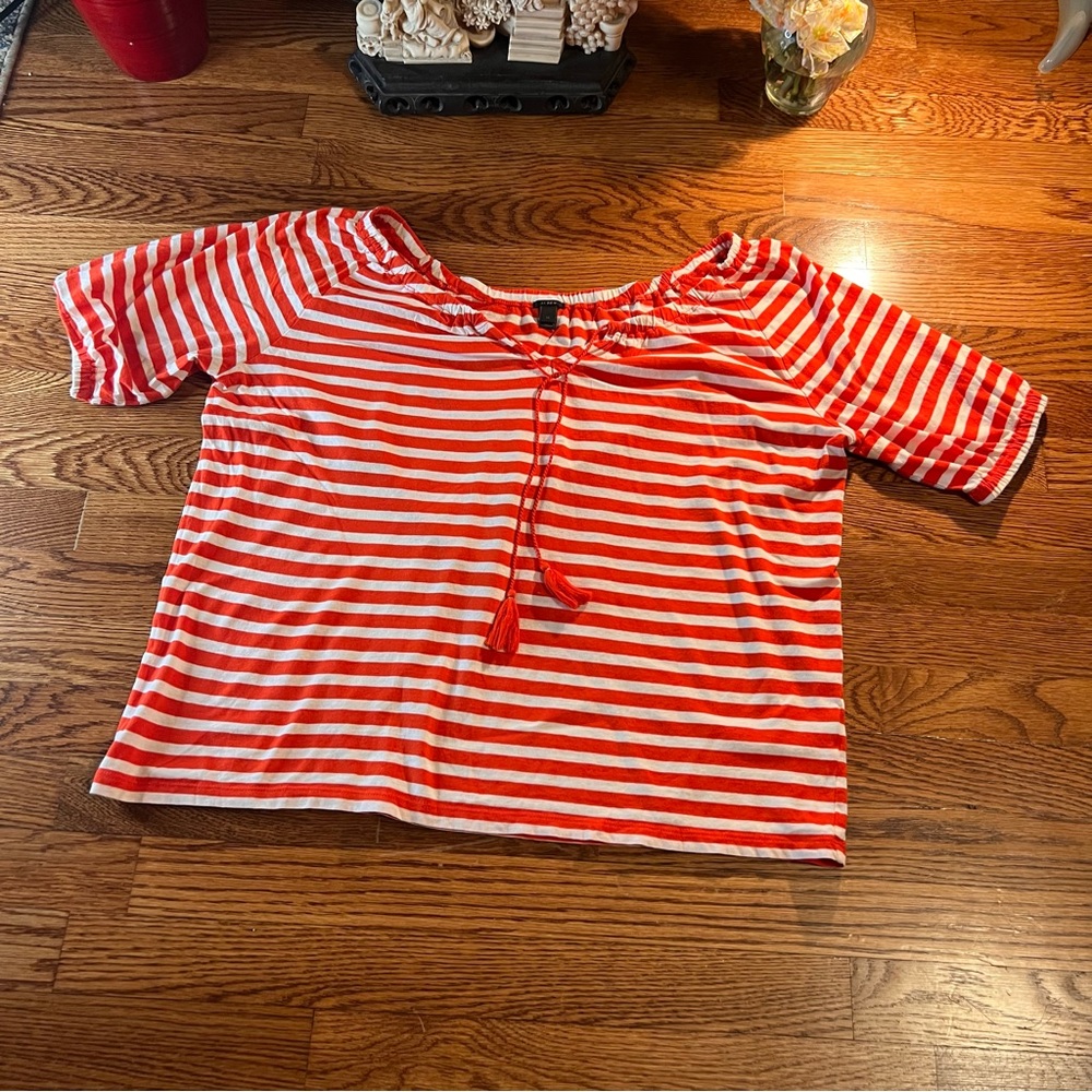 J. Crew Red & White Striped Off the Shoulder Top w/ Tie Front Sz Medium - Picture 1 of 10